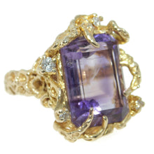 Load image into Gallery viewer, Estate Purple Emerald Cut 13.0 Carat Amethyst Nature Inspired Statement Ring in 14k Yellow Gold and Diamonds
