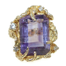 Load image into Gallery viewer, Estate Purple Emerald Cut 13.0 Carat Amethyst Nature Inspired Statement Ring in 14k Yellow Gold and Diamonds
