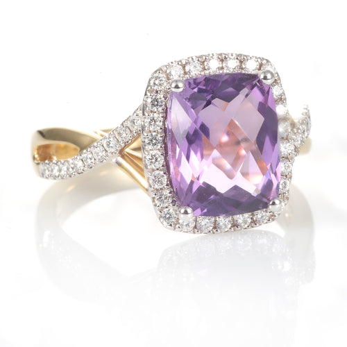 Cushion Cut Amethyst Diamond Ring in 14k Yellow Gold