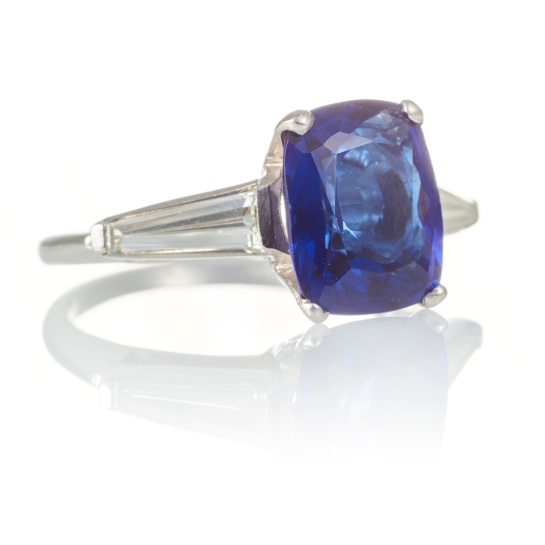 Custom-made Cushion Cut Blue Tanzanite and Diamond Ring in Platinum