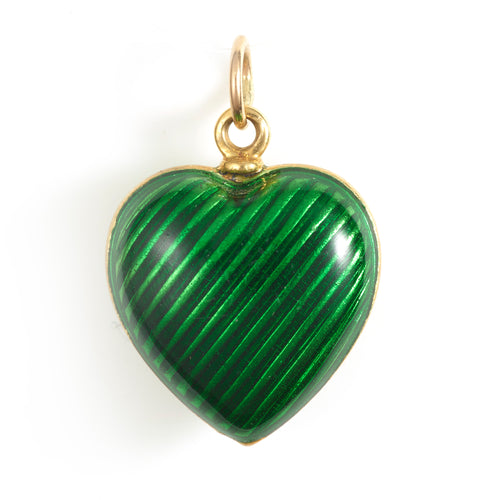 Vintage Green Enamel Heart Charm in 14k Yellow Gold